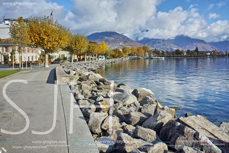 Autumn Landscape of embankment of town of Vevey and Lake Geneva, canton of Vaud, Switzerland