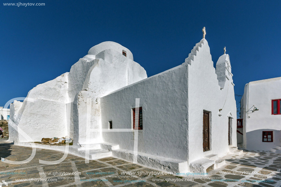Panoramic view of White orthodox church in Mykonos, Cyclades Islands, Greece