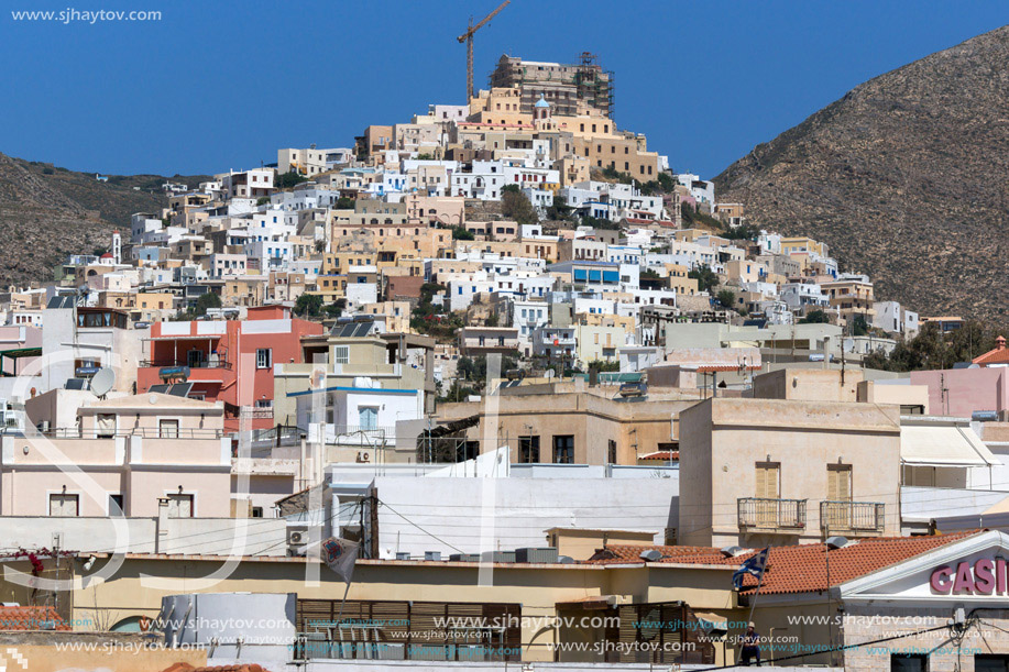 Panoramic view of Old town of Ermopoli, Syros, Cyclades Islands, Greece