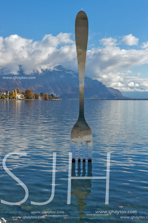 Landscape of Lake Geneva from town of Vevey, canton of Vaud, Switzerland