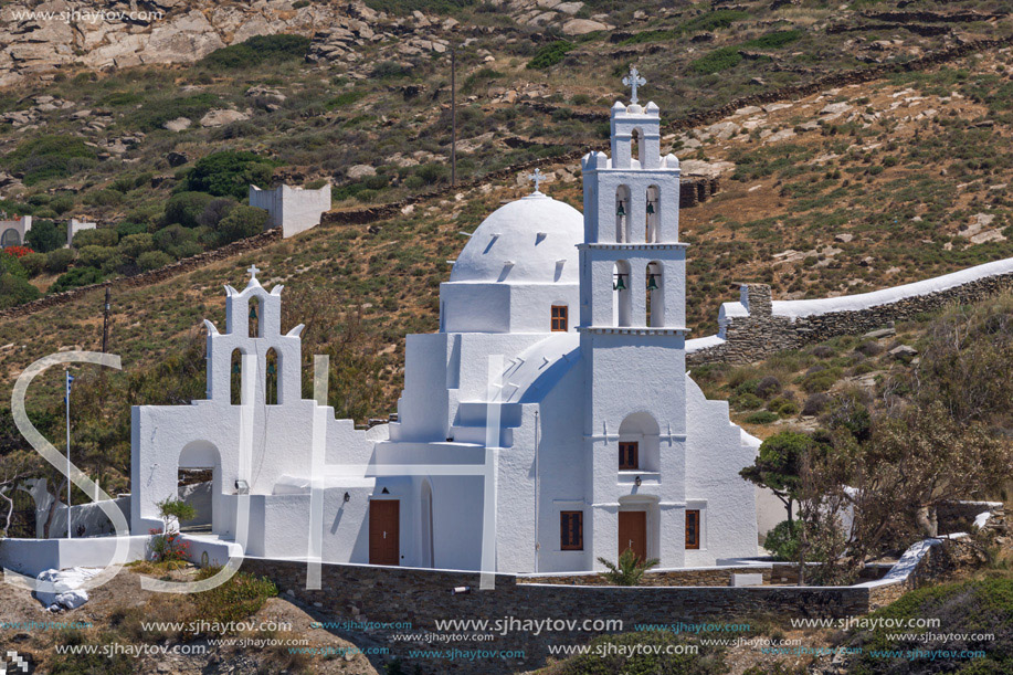 Landscape with White churches in town of Ios, Cyclades, Greece