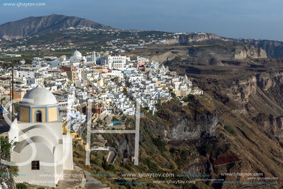 Panoramic view to town of Fira and Prophet Elias peak, Santorini island, Thira, Cyclades, Greece