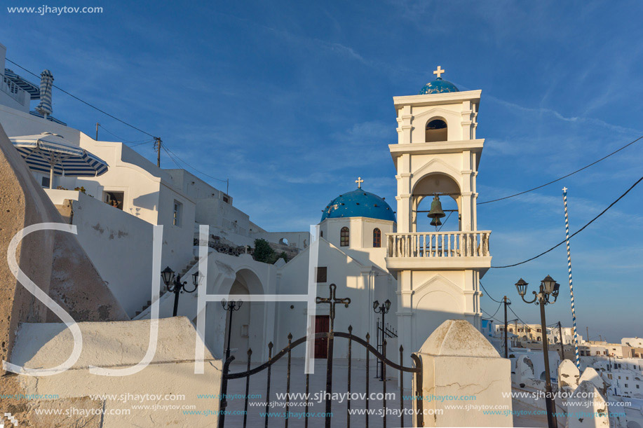 Bell tower amd orthodox church in town of Imerovigli,  Santorini island, Cyclades, Greece