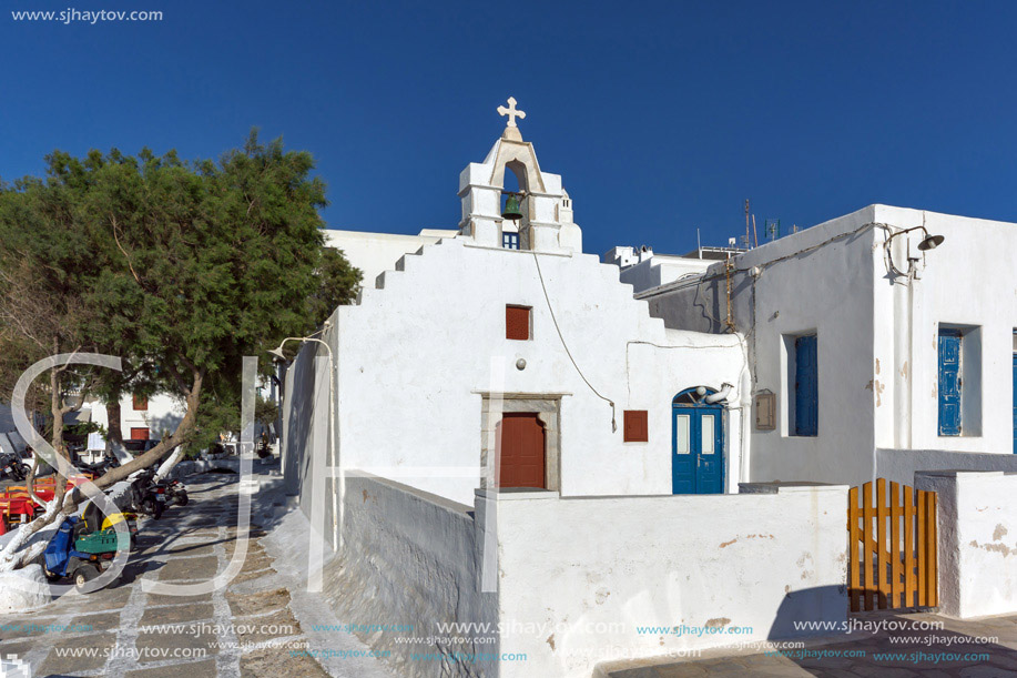 Bell tower of White orthodox church in Mykonos, Cyclades Islands, Greece