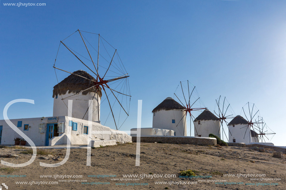 Panoramic view of White windmills on the island of Mykonos, Cyclades, Greece