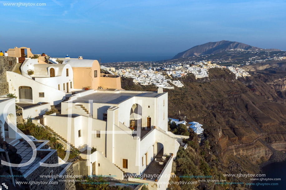 Amazing Panorama to town of Fira and Prophet Elias peak, Santorini island, Thira, Cyclades, Greece