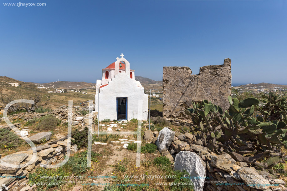 Amazing view of medieval fortress and White church, Mykonos island, Cyclades, Greece