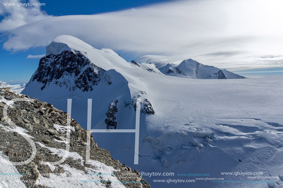 Amazing Winter Landscape of swiss Alps and mount Breithorn, Canton of Valais, Switzerland
