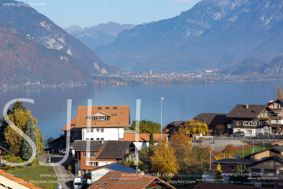 Amazing view of Lake Thun and typical Switzerland village near town of Interlaken, canton of Bern