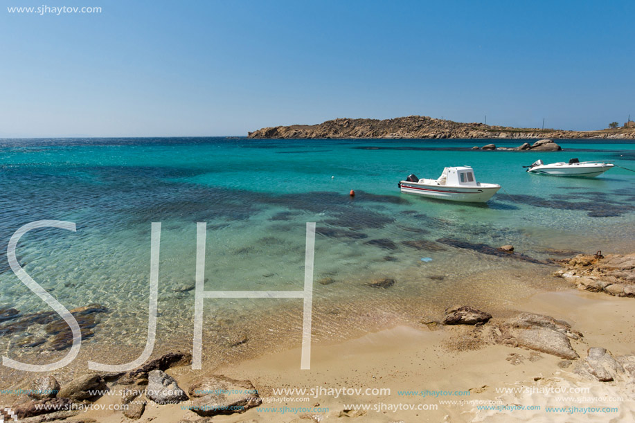 Clean Waters of Paranga Beach on the island of Mykonos, Cyclades, Greece