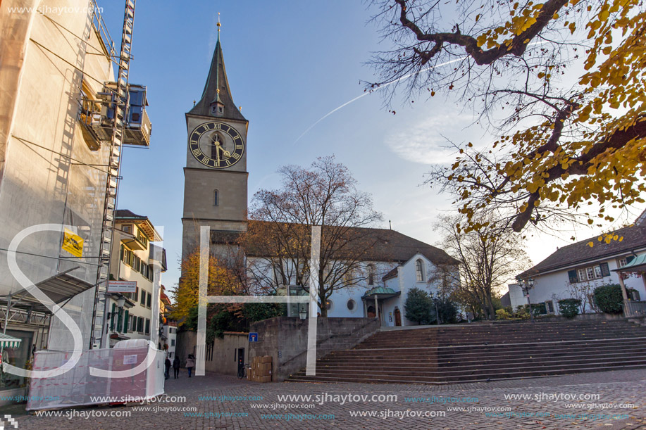 St. Peter Church and autumn trees, City of Zurich, Switzerland