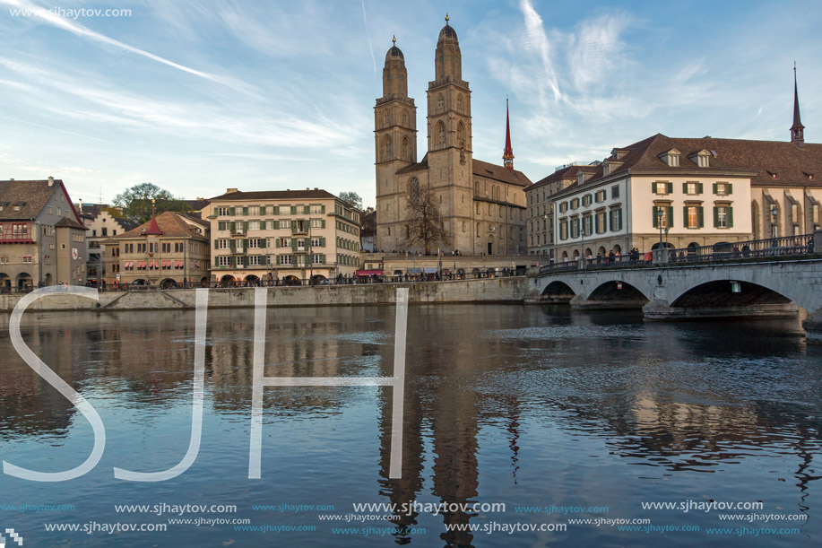 Reflection of Grossmunster church in Limmat River, City of Zurich, Switzerland