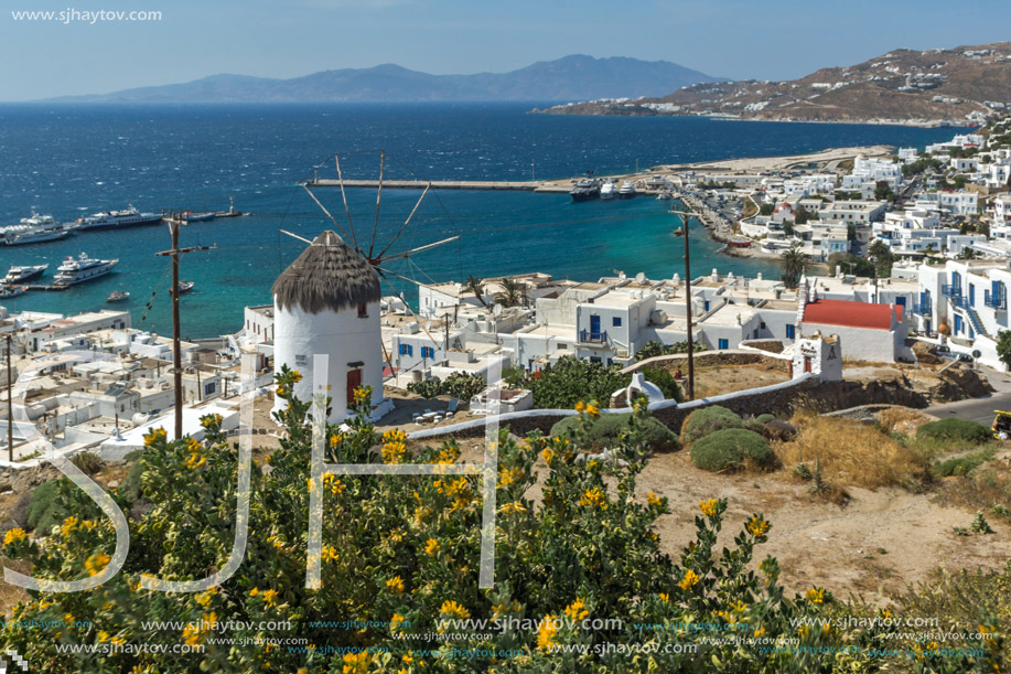 Amazing Panorama of white windmill and island of Mykonos, Cyclades, Greece