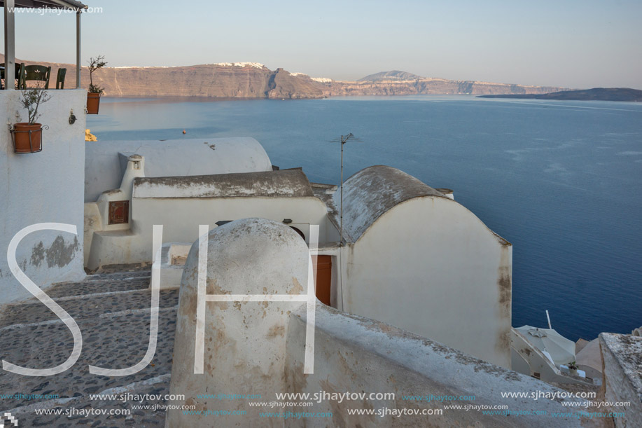 Seascape with White houses in town of Oia, Santorini island, Thira, Cyclades, Greece