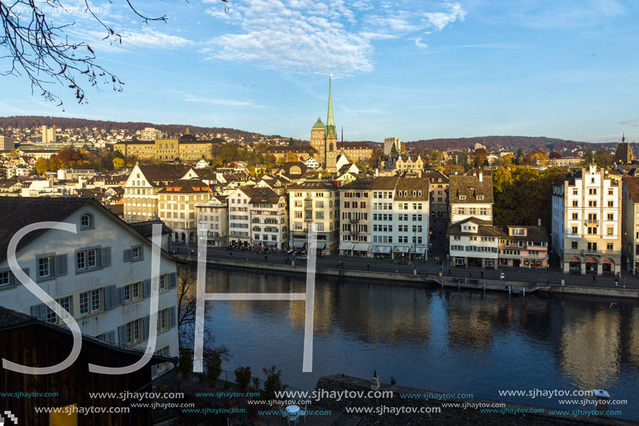 ZURICH, SWITZERLAND - 28 OCTOBER 2015 : Panorama of city of Zurich and Limmat River, Switzerland