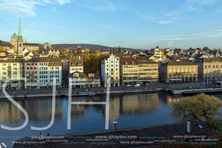 ZURICH, SWITZERLAND - 28 OCTOBER 2015 : Panorama of city of Zurich and Limmat River, Switzerland