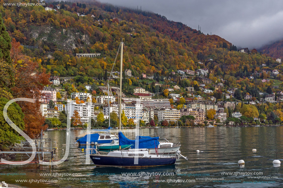 MONTREUX, SWITZERLAND - 29 OCTOBER 2015 : Embankment of  Montreux and Alps, canton of Vaud, Switzerland