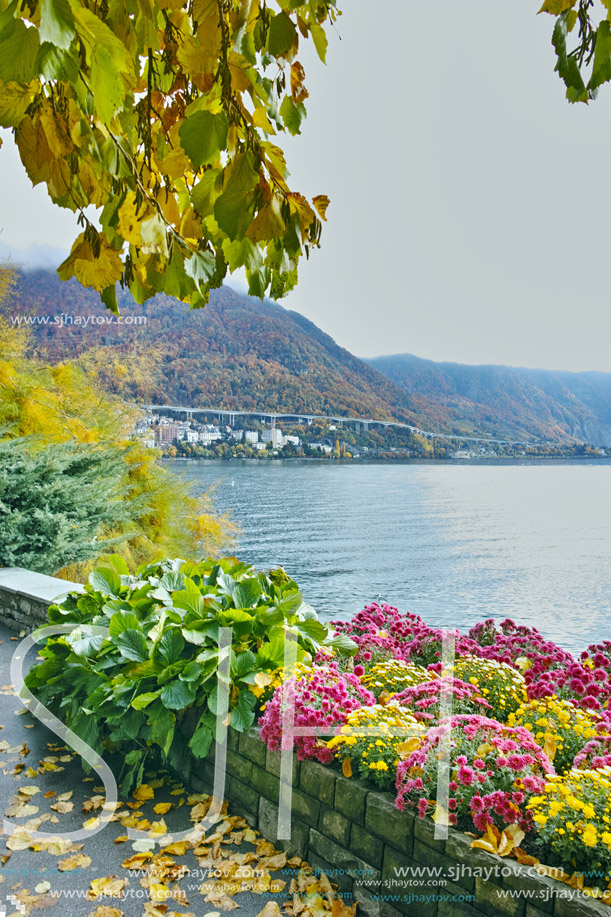 Autumn view of embankment of Montereux, canton of Vaud, Switzerland