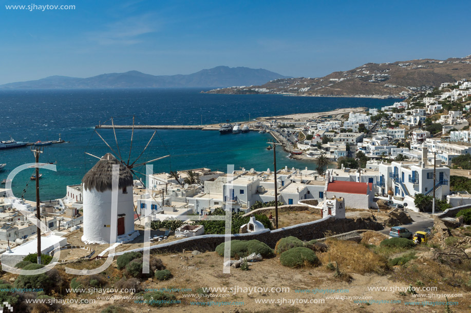 Amazing view of White windmills on the island of Mykonos, Cyclades, Greece