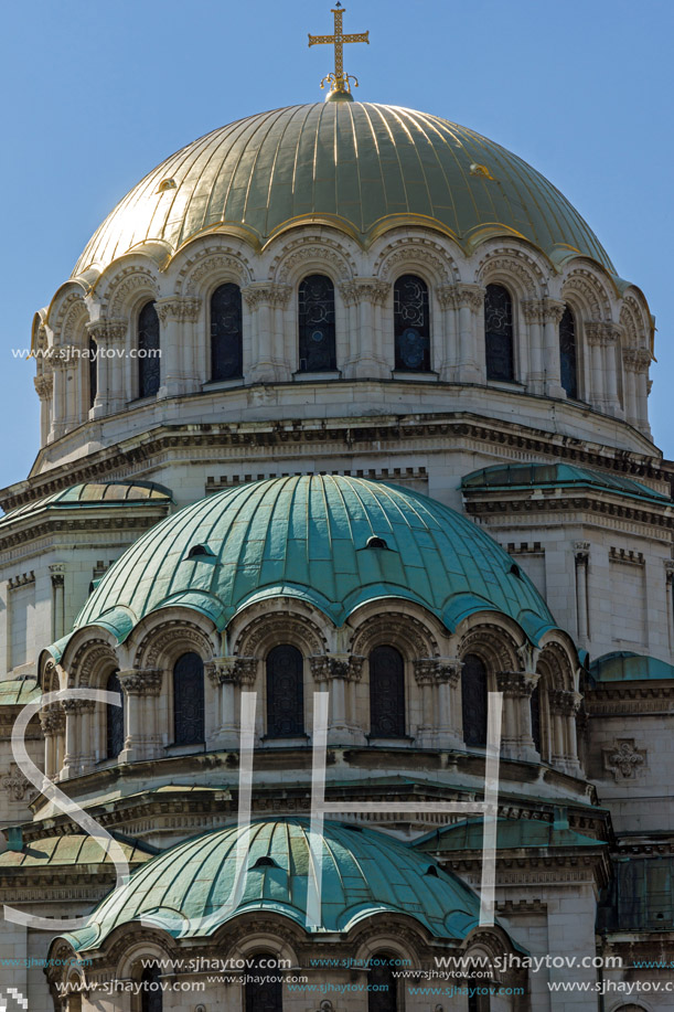 SOFIA, BULGARIA - APRIL 1, 2017: The golden domes of Cathedral Saint Alexander Nevski in Sofia, Bulgaria