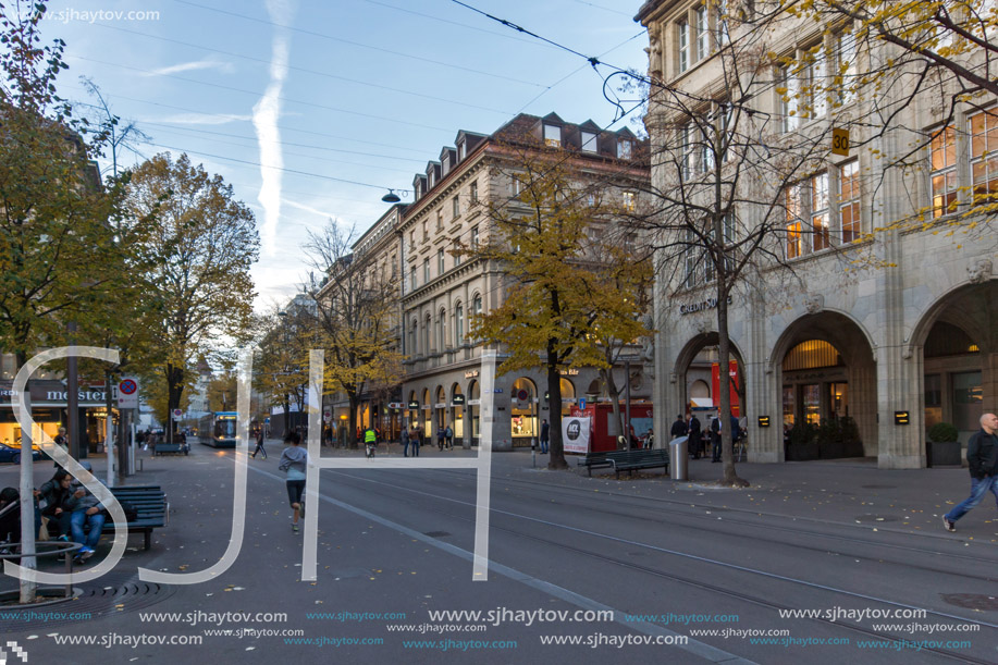 ZURICH, SWITZERLAND - OCTOBER 28, 2015: Bahnhofstrasse street in City of Zurich, Switzerland