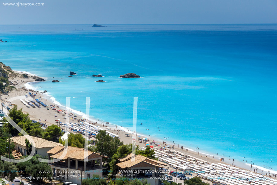 KATHISMA BEACH, LEFKADA, GREECE JULY 16, 2014: Panoramic view of Kathisma beach , Lefkada, Ionian Islands, Greece
