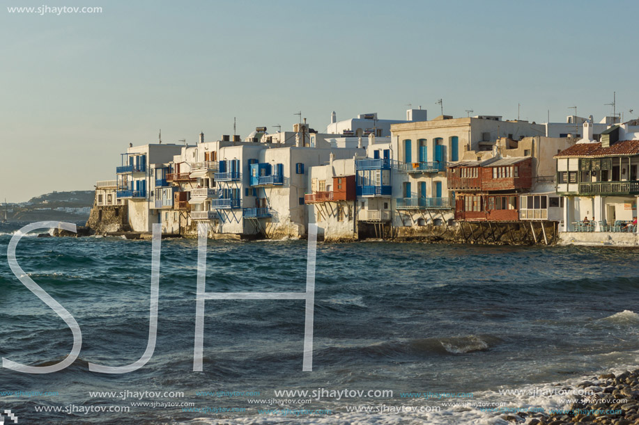 MYKONOS, GREECE - MAY 1, 2013: White houses in Little Venice at Mykonos, Cyclades Islands, Greece