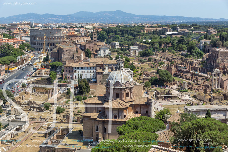 ROME, ITALY - JUNE 23, 2017:  Panoramic view of City of Rome from the roof of  Altar of the Fatherland, Italy