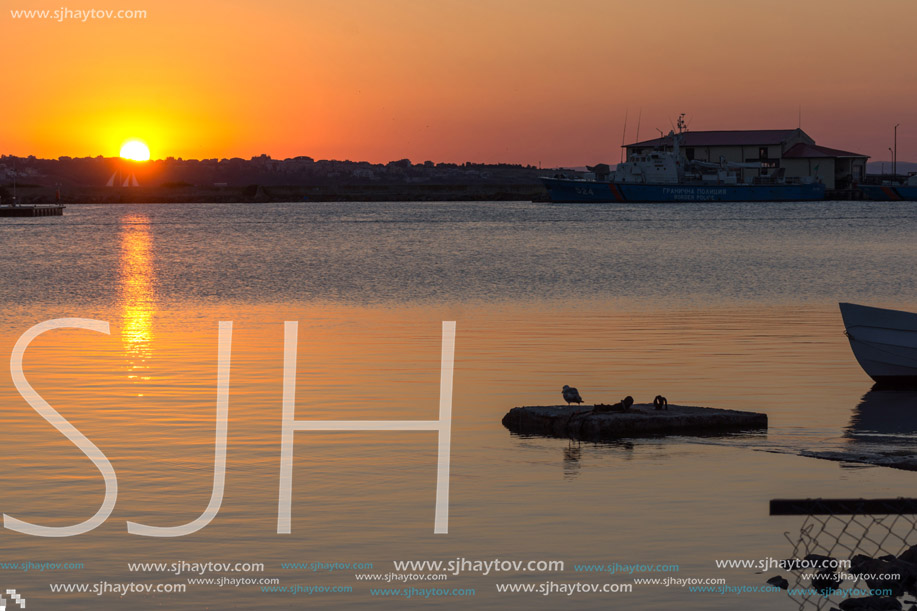 SOZOPOL, BULGARIA - JULY 11, 2016: Amazing Sunset at the port of Sozopol, Burgas Region, Bulgaria