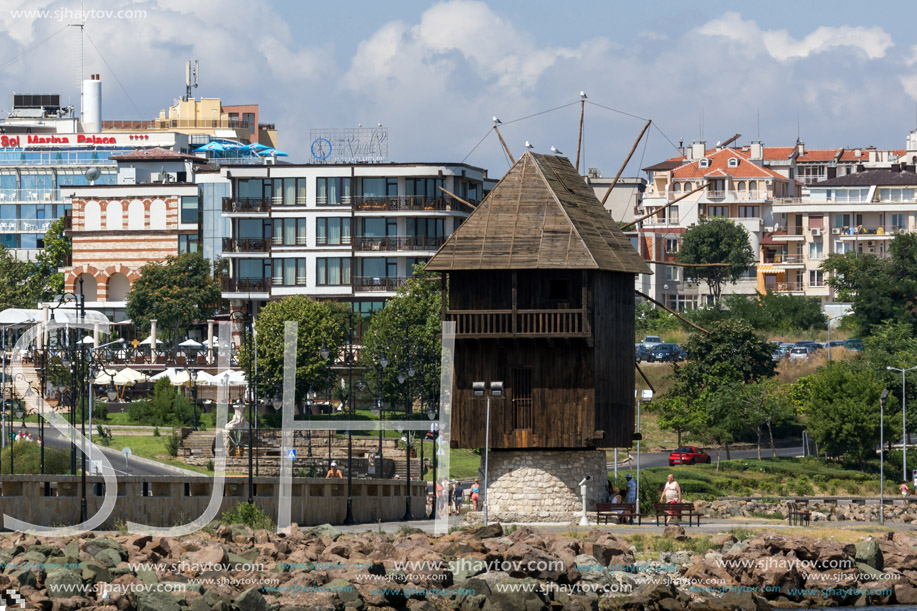 NESSEBAR, BULGARIA - 30 JULY 2014: Old Wooden windmill and panorama to town of Nessebar, Burgas Region, Bulgaria