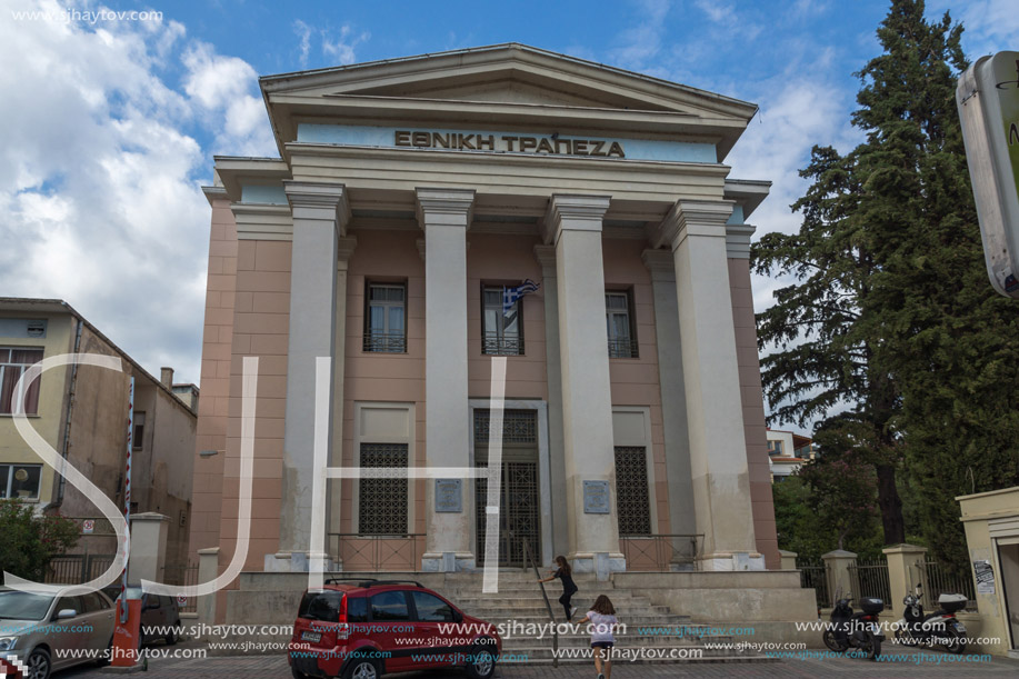 XANTHI, GREECE - SEPTEMBER 23, 2017: Bank in old town of Xanthi, East Macedonia and Thrace, Greece