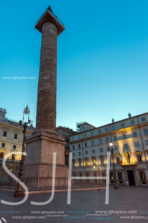ROME, ITALY - JUNE 23, 2017: Amazing Sunset view of Palazzo Chigi and Marcus Aurelius Column in city of Rome, Italy