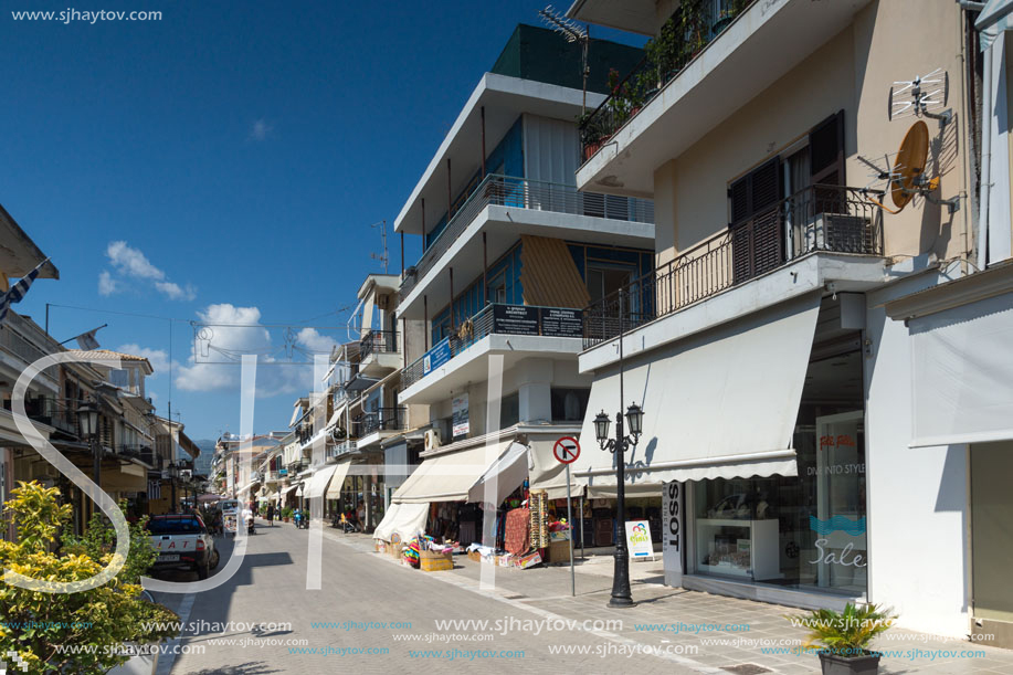 LEFKADA TOWN, GREECE JULY 17, 2014: Houses and street in Lefkada town, Ionian Islands, Greece