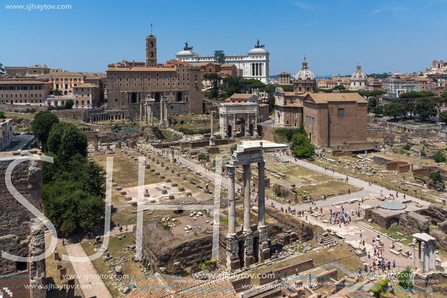 ROME, ITALY - JUNE 24, 2017: Panoramic view from Palatine Hill to ruins of Roman Forum in city of Rome, Italy