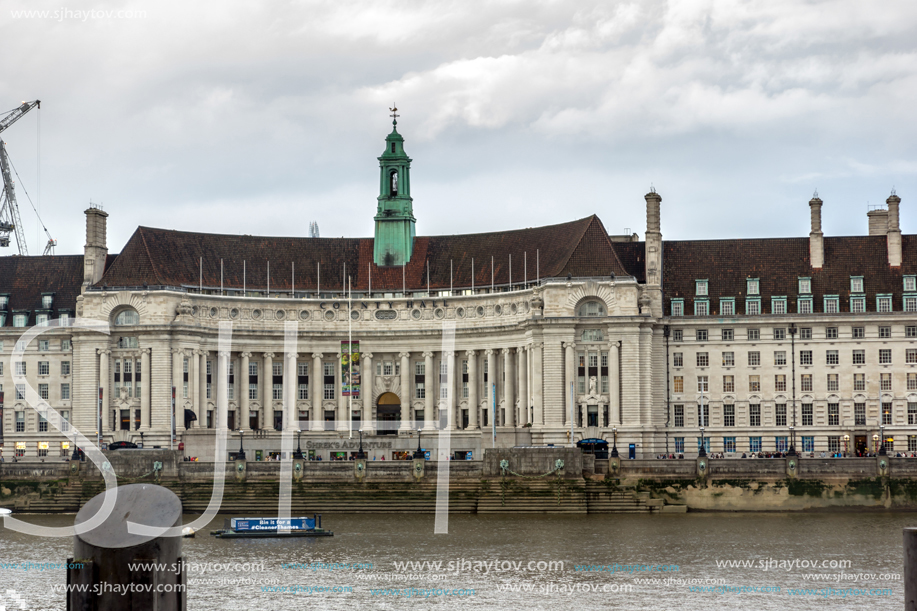 LONDON, ENGLAND - JUNE 16 2016: County Hall and Thames river, London, England, Great Britain