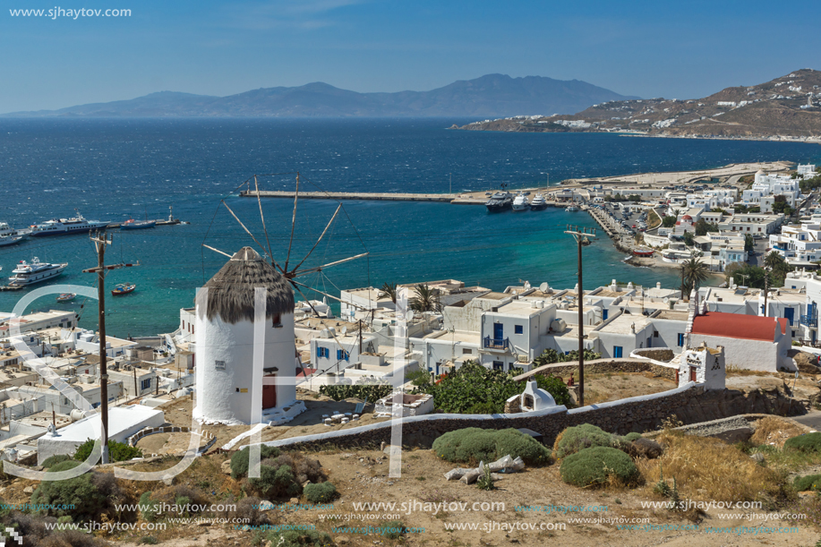 MYKONOS, GREECE - MAY 1, 2013: Amazing view of White windmills on the island of Mykonos, Cyclades, Greece