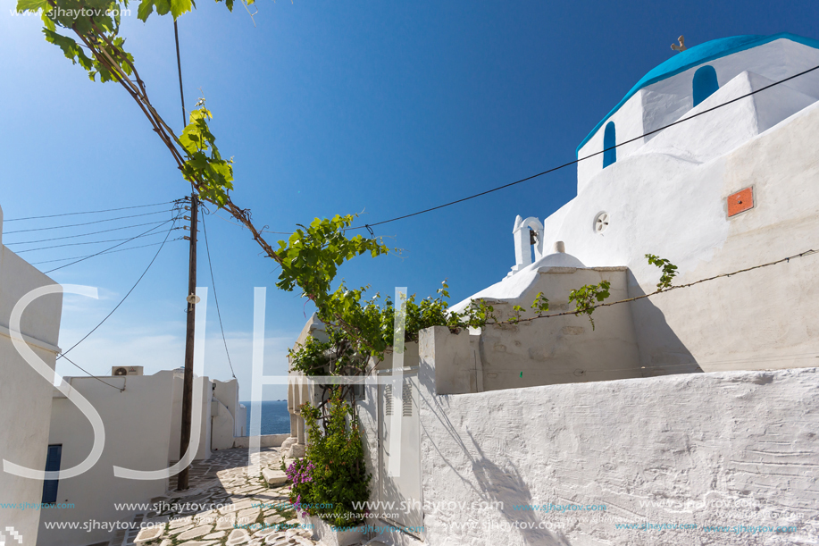 PAROS, GREECE - MAY 3, 2013: White church in Parakia, Paros island, Cyclades, Greece