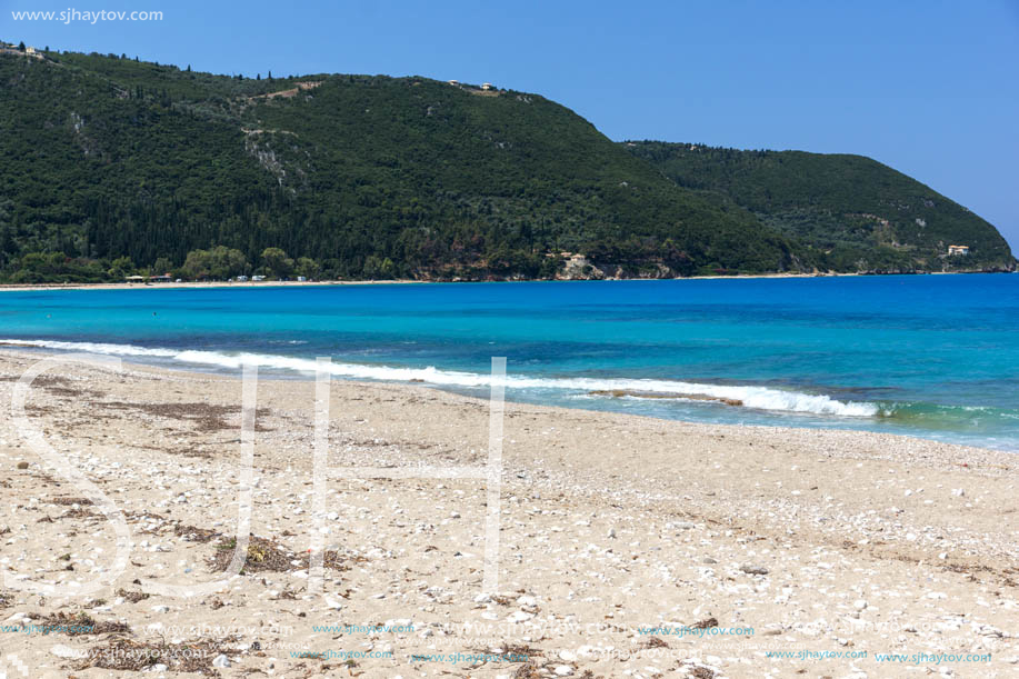 LEFKADA, GREECE- JULY 16, 2014: Panoramic view of Agios Ioanis beach with blue waters, Lefkada, Ionian Islands, Greece