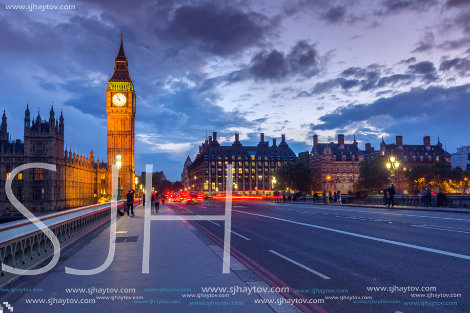 LONDON, ENGLAND - JUNE 16 2016: Night photo of Houses of Parliament with Big Ben from Westminster bridge, London, England, Great Britain