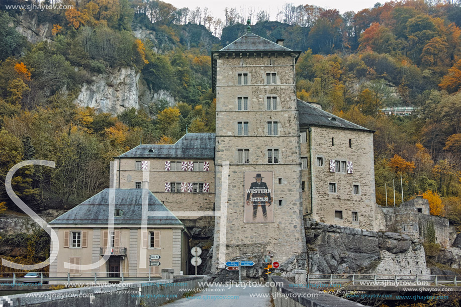 SAINT MAURICE, SWITZERLAND - OCTOBER 27, 2015:  Frontal view of St. Maurice History fortress, canton of Vaud, Switzerland