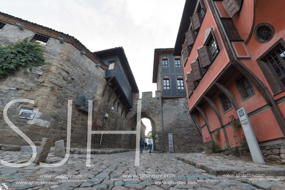PLOVDIV, BULGARIA - MAY 24, 2018: Night photo of Hisar Kapia - Ancient gate in Plovdiv old town, Bulgaria