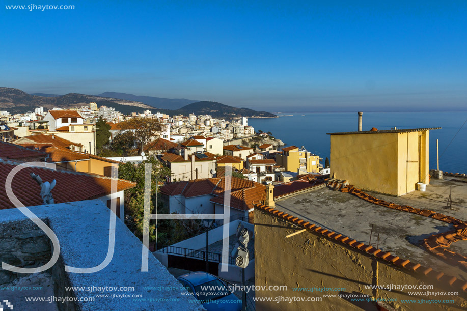 KAVALA, GREECE - DECEMBER 27, 2015: Sunset view of old town of Kavala, East Macedonia and Thrace, Greece
