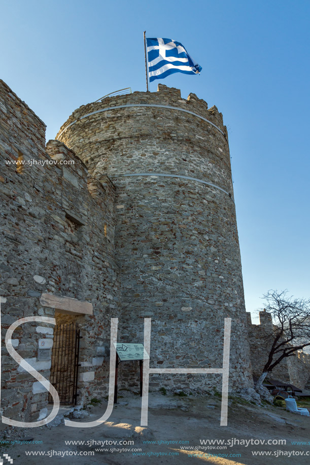 KAVALA, GREECE - DECEMBER 27, 2015:  Tower of the Byzantine fortress in Kavala, East Macedonia and Thrace, Greece