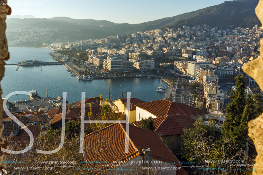 KAVALA, GREECE - DECEMBER 27, 2015: Sunset view of Ruins of fortress and Panorama to Kavala, East Macedonia and Thrace, Greece