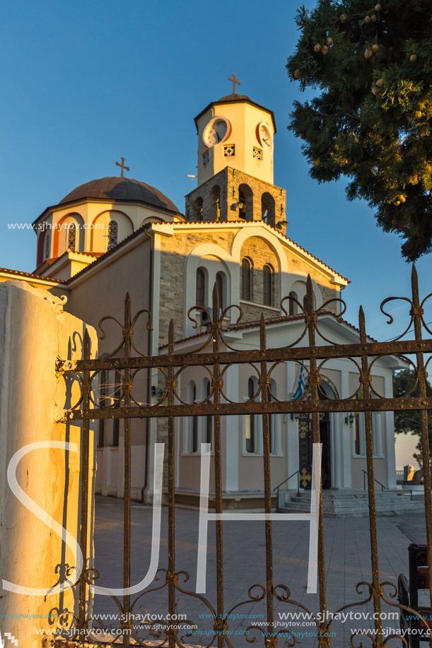 KAVALA, GREECE - DECEMBER 27, 2015:  Sunset view of Church of the Assumption of the Virgin Mary in Kavala, East Macedonia and Thrace, Greece
