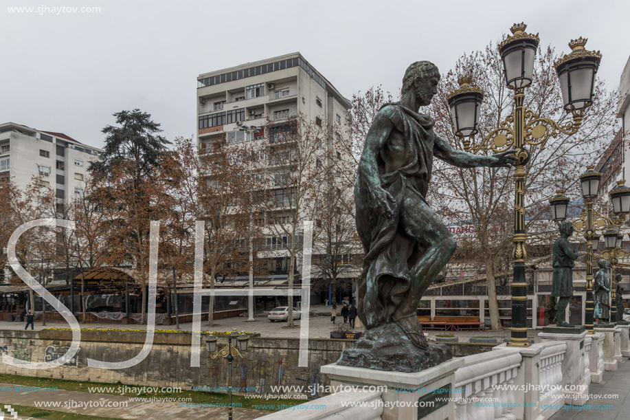 SKOPJE, REPUBLIC OF MACEDONIA - FEBRUARY 24, 2018:  Statue at  Bridge of Civilizations, Republic of Macedonia