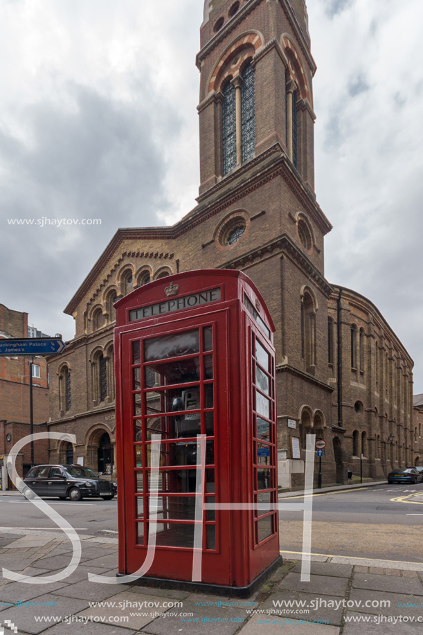 LONDON, ENGLAND - JUNE 17, 2016: Westminster Chapel and phone booth, London, England, Great Britain