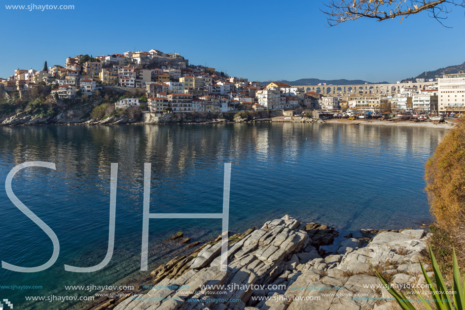 KAVALA, GREECE - DECEMBER 28, 2015: Panoramic view of Aegean sea and old town of Kavala, East Macedonia and Thrace, Greece