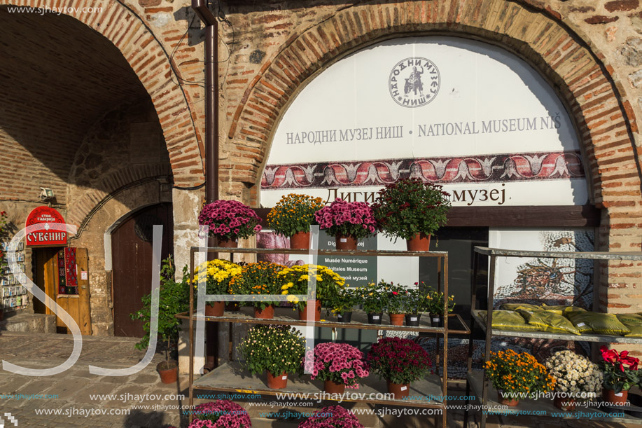 NIS, SERBIA- OCTOBER 21, 2017: Flower shop and Inside view of Fortress and park in City of Nis, Serbia