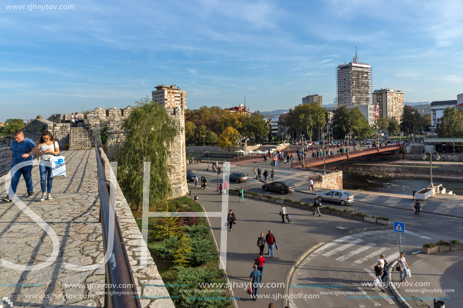NIS, SERBIA- OCTOBER 21, 2017: Panoramic view of City of Nis and Bridge over Nisava River, Serbia